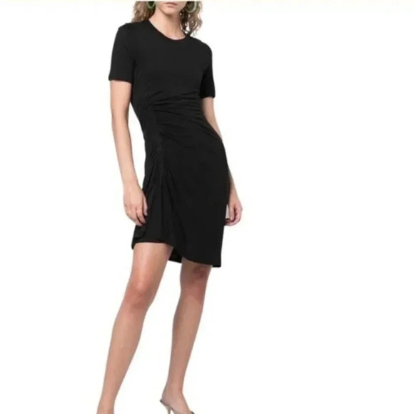 A.L.C Lelah Ruched Dress Size Large Short Sleeve Black Lined Stretch Minimal - Picture 1 of 9